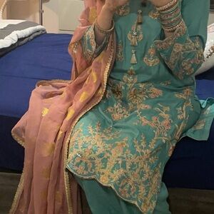 Elegant Teal and Pink Embroidered Outfit